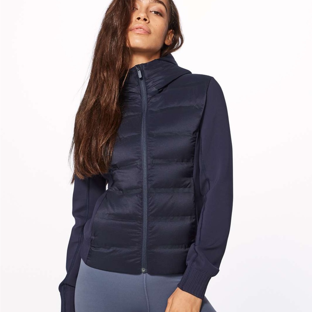 Lululemon navy blue down and around jacket in size 2